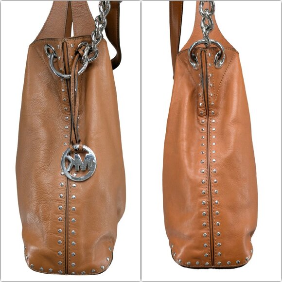 Michael Kors Leather Astor Tote Bag Tan Brown Shoulder Bag 2 Straps Studded 15" - Picture 7 of 13